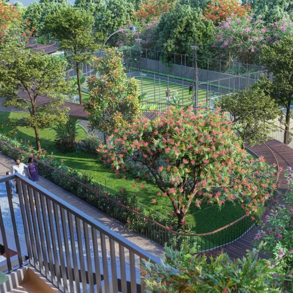 Landscaped greens seen from a balcony at CKPC Winds of Change, developer render
