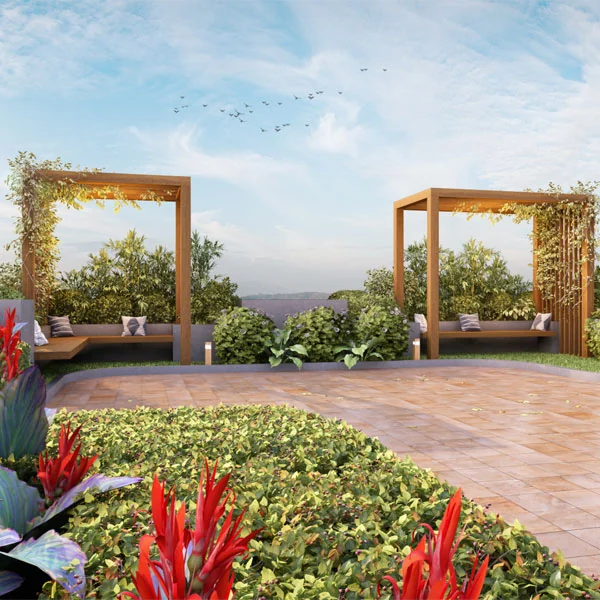 Garden terrace with pergolas and flowering plants at CKPC Horizon, developer render
