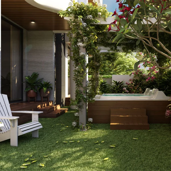 Planted garden court with a spa pool at CKPC Horizon, developer render